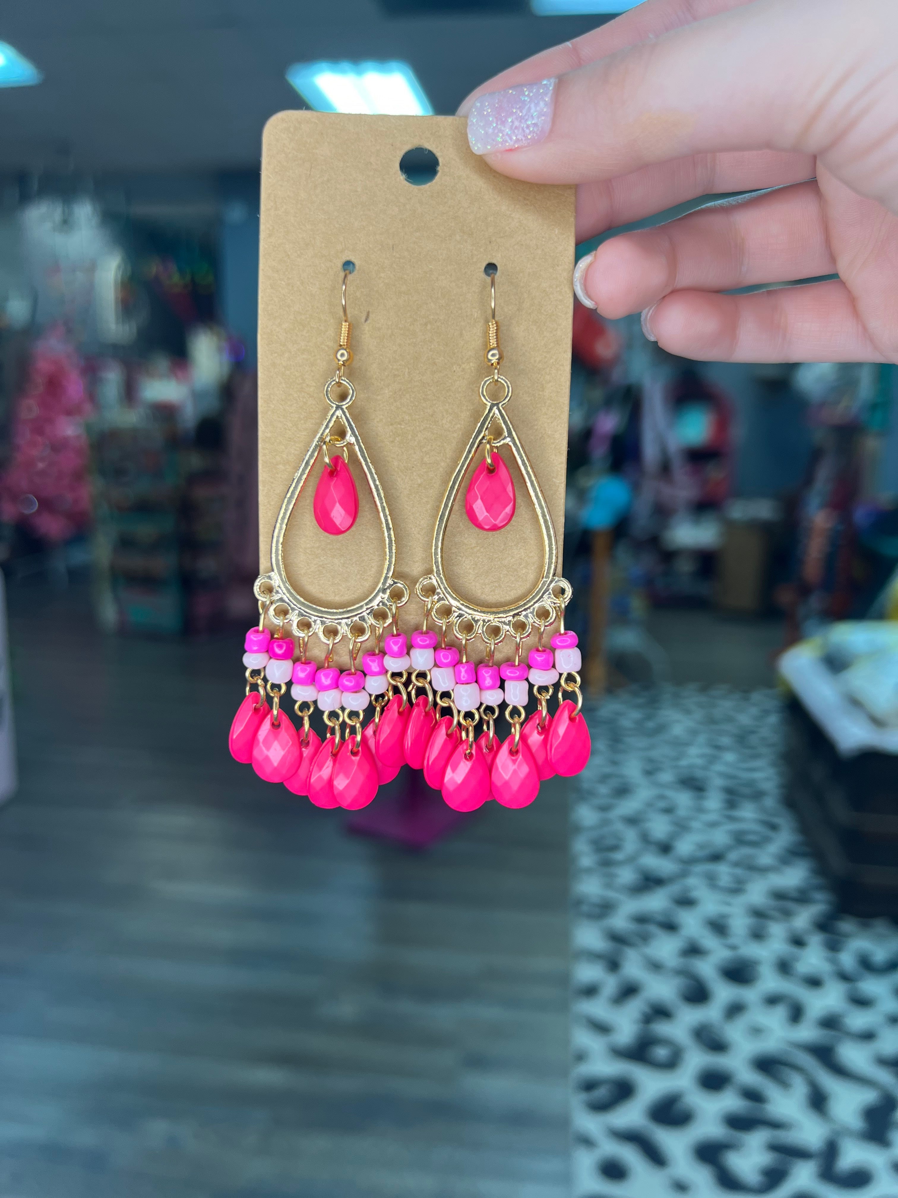 Pink Beaded Tassel Earrings