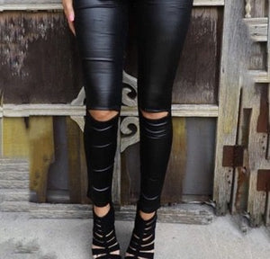 Black Faux Leather Distressed Pants