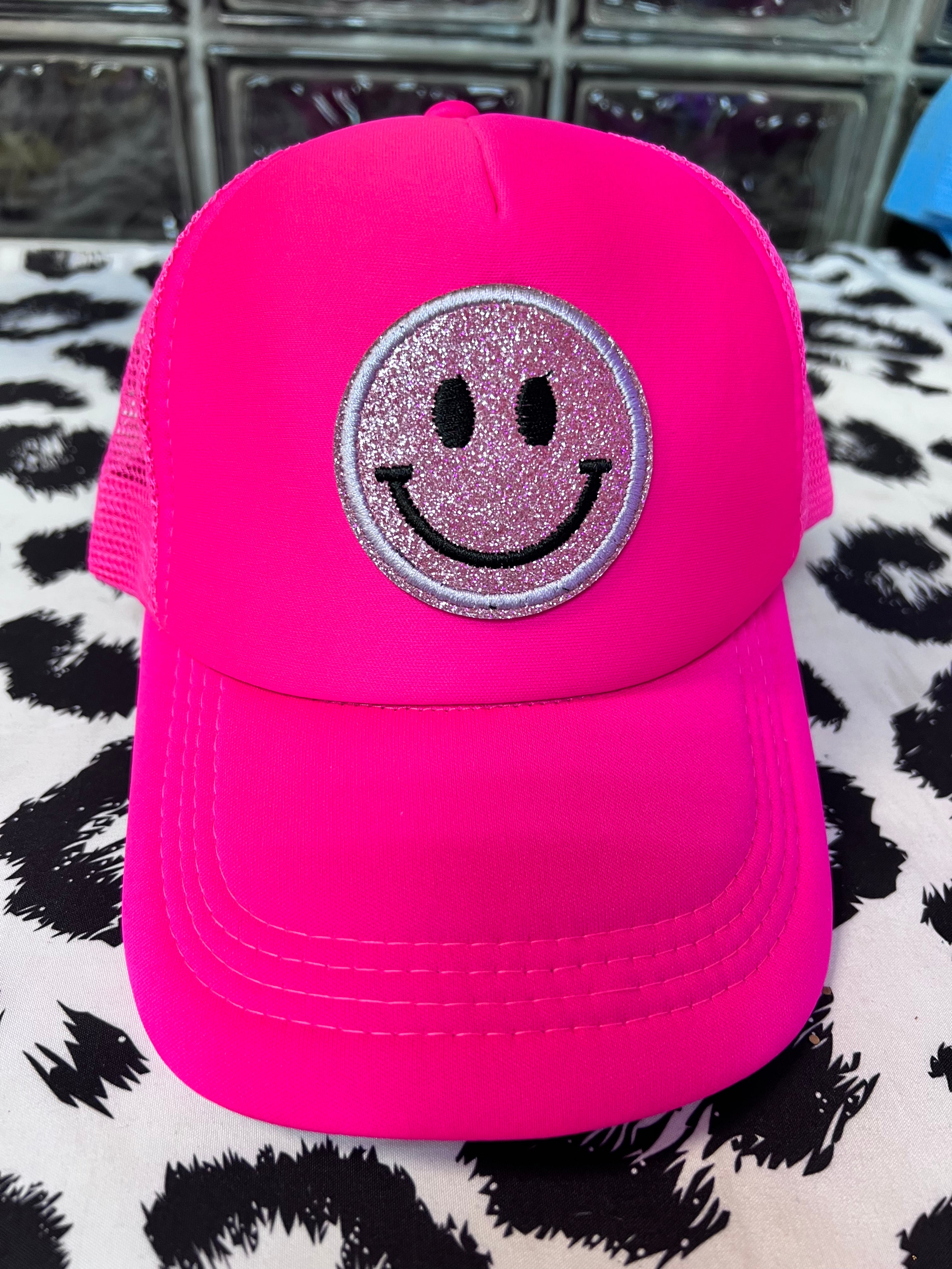 Smiley Face Glitter Trucker Hat