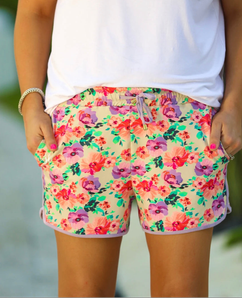 Cream Floral Drawstring Everyday Shorts