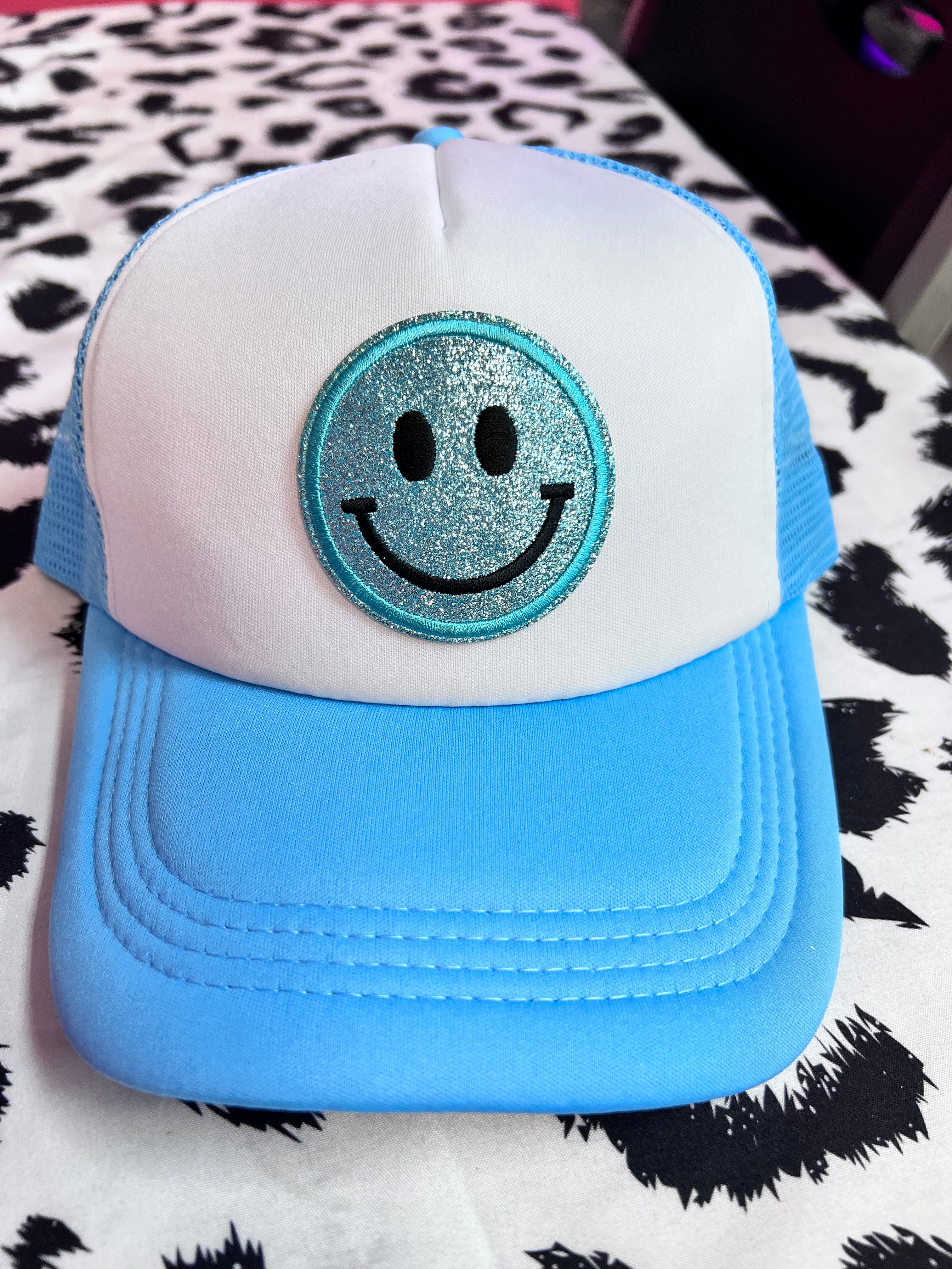 Smiley Face Glitter Trucker Hat