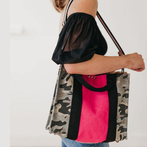 Zoey Canvas Crossbody Tote - Camo with Pink Stripe - Jess boutique